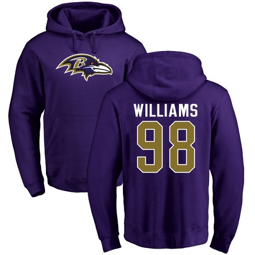 Men Baltimore Ravens Purple Brandon Williams Name and Number Logo NFL Football #98 Pullover Hoodie Sweatshirt